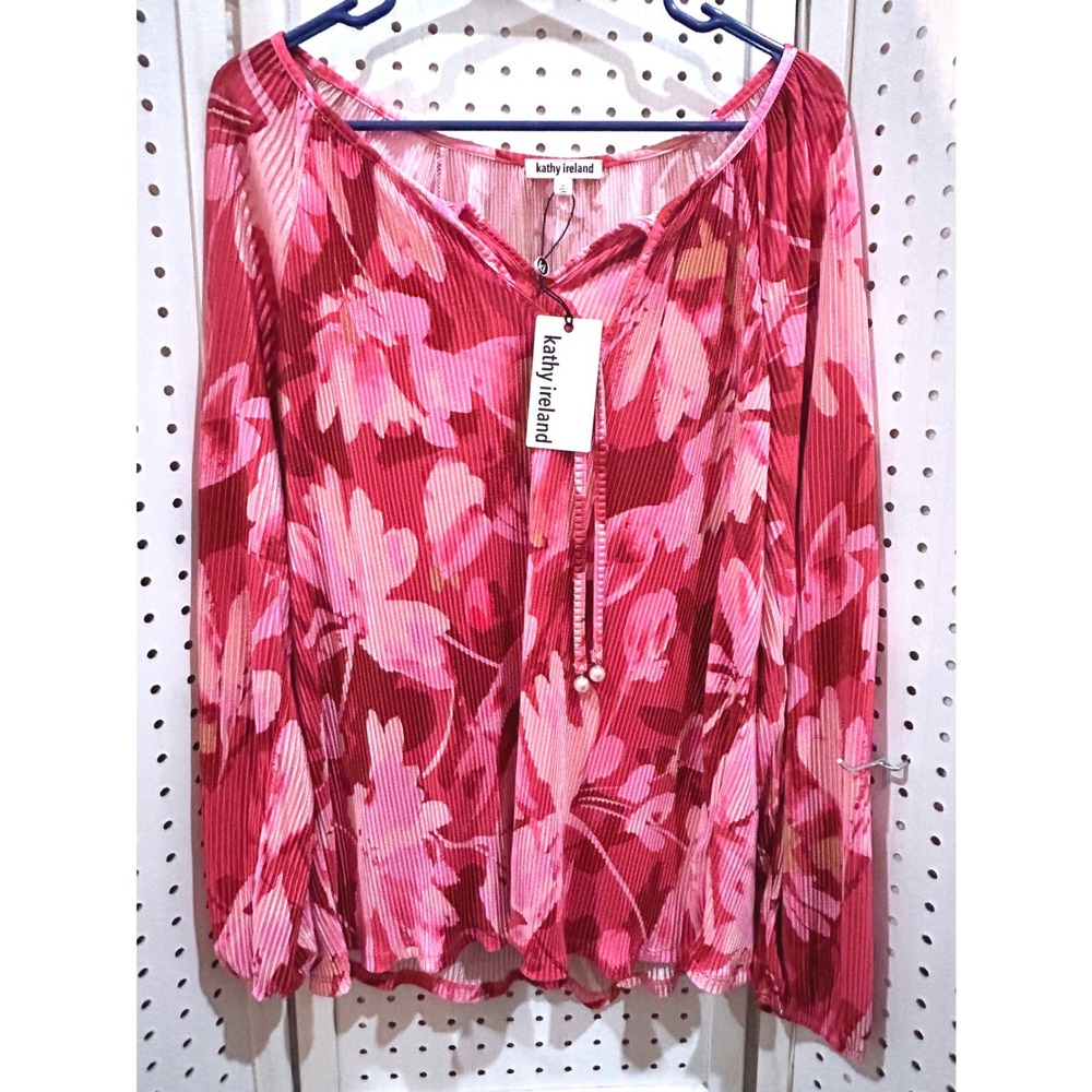 Kathy Ireland Floral Print‎ Pleated Long Sleeve Blouse Top Women Size L